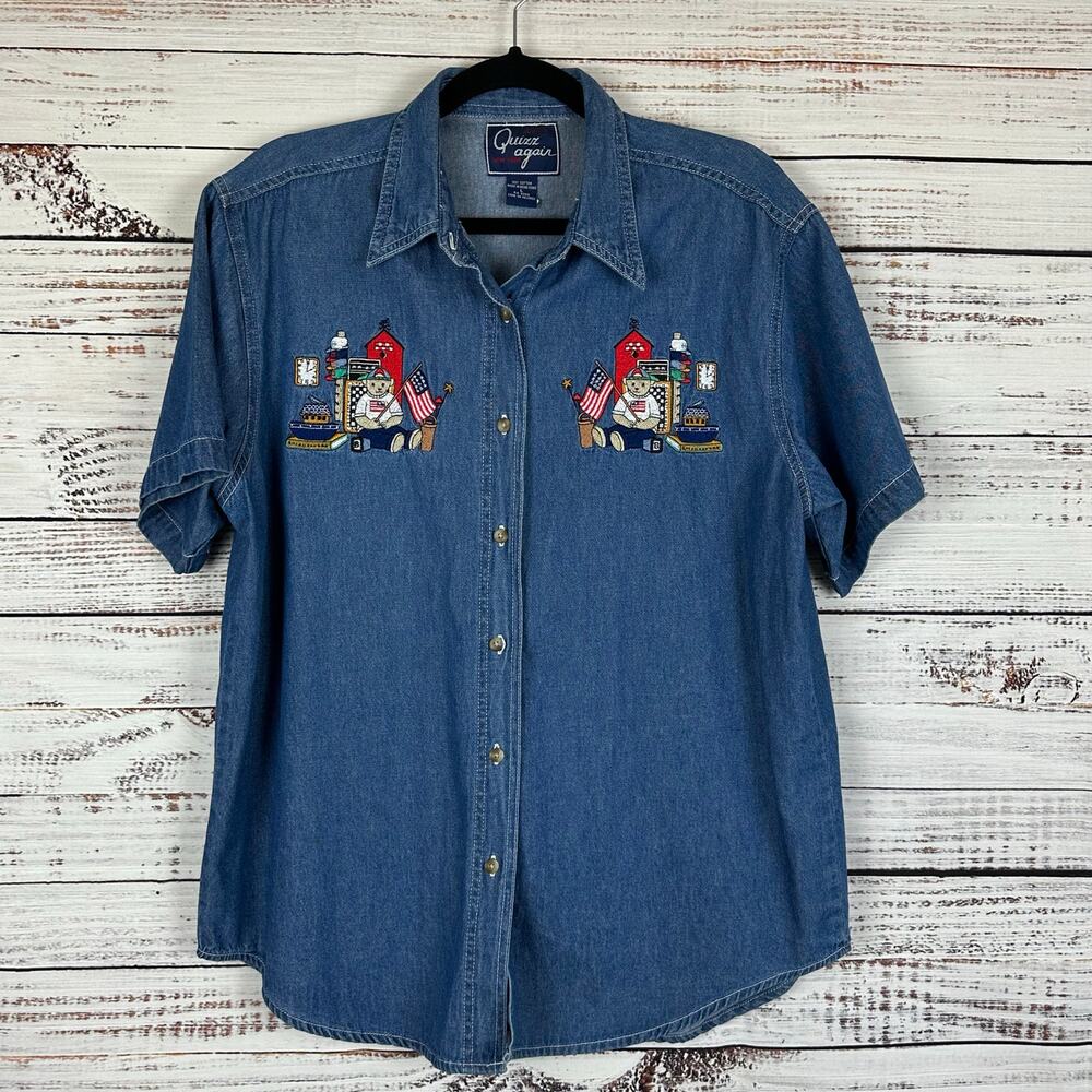 Women NWOT VTG Lets Quizz Again Granny Denim Shirt Embroider Bear Flag Teacher L